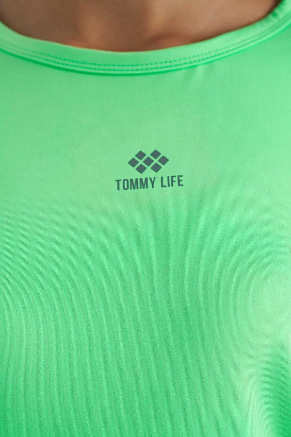 Tommylife Wholesale Neon Green Crew Neck Print Detail Oversize Short Sleeve Women's T-Shirt - 97263