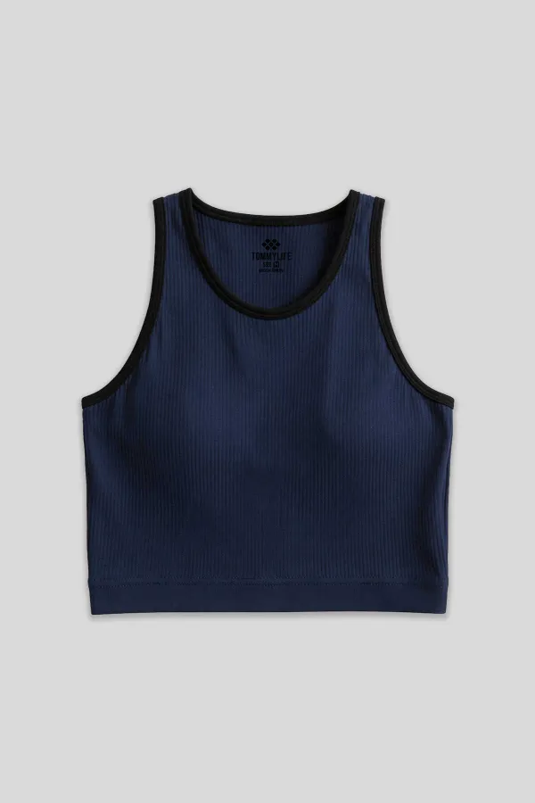 Tommylife Toptan İndigo Basic Sıfır Kol Dar Kalıp U Yaka Kadın Crop Top Atlet - 97162