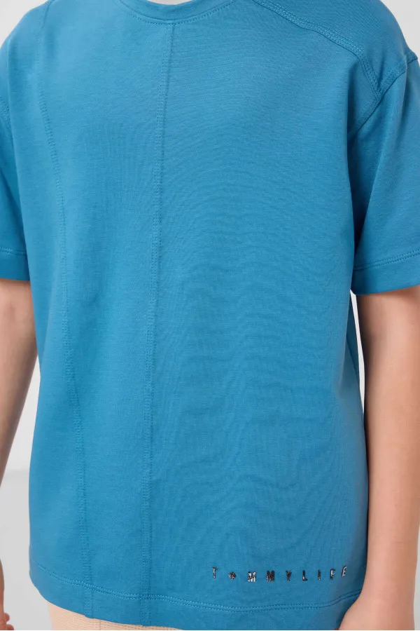 T-shirt basique oversize en coton doux texturé Tommylife pour garçon, couleur bleu pétrole, référence 11297.