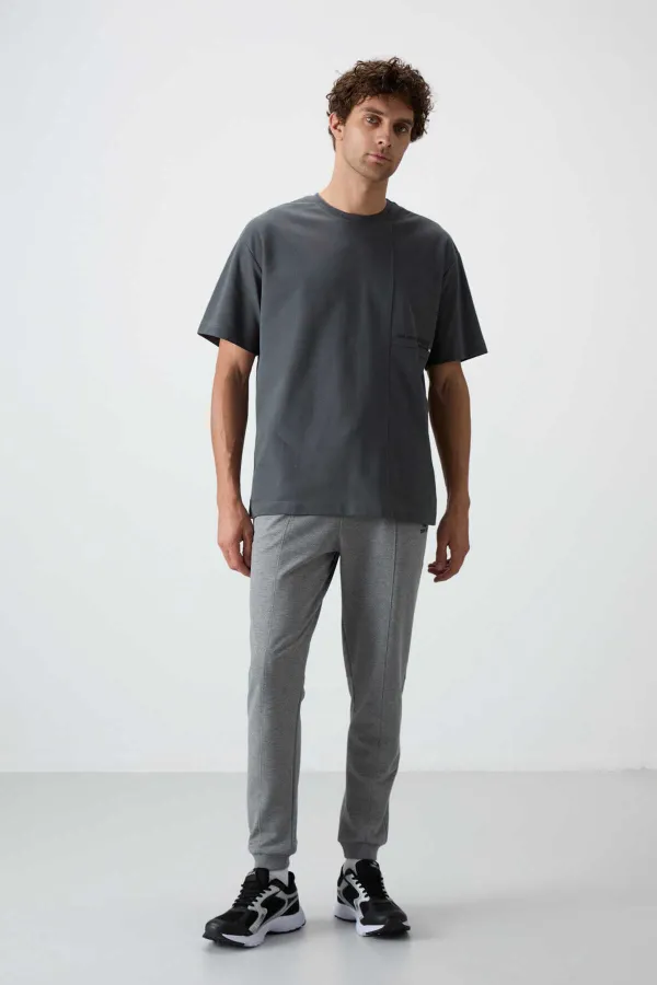 Tommylife Toptan Comfort Fit Nakışlı Erkek Jogger Eşofman Alt 82123 Gri Melanj