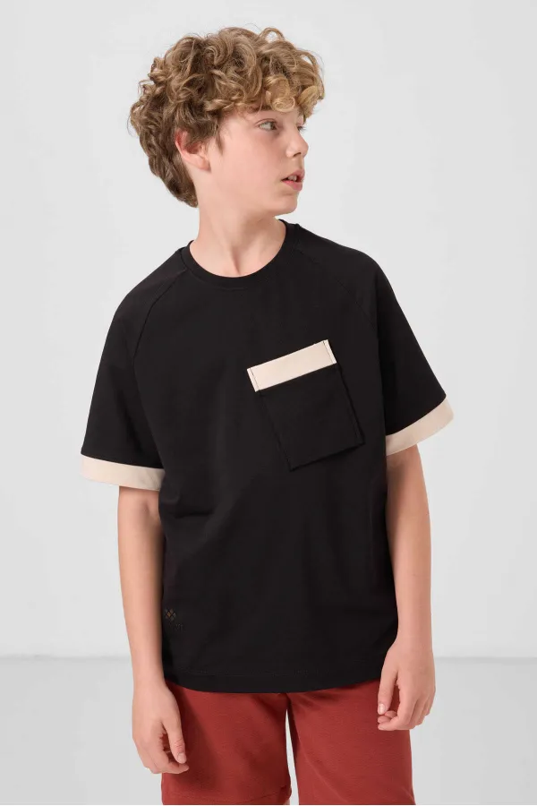 T-shirt garçon Tommylife Wholesale en coton doux texturé, coupe oversize, avec poche, référence 11295, noir