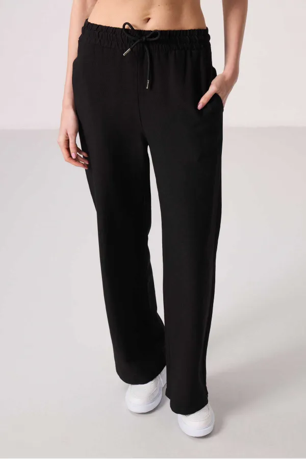 Tommylife Toptan Keten Geniş Paça Rahat Form Kadın Palazzo Pantolon - 94675 Siyah