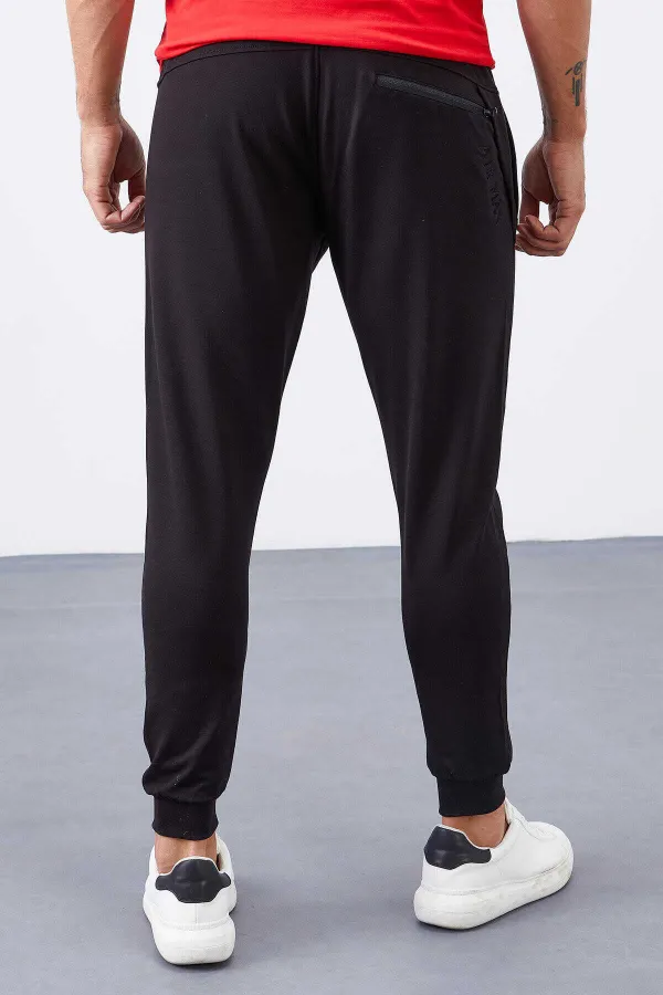 Tommylife Toptan Siyah Fermuar Cepli Dar Kalıp Jogger Erkek Eşofman Alt - 84343