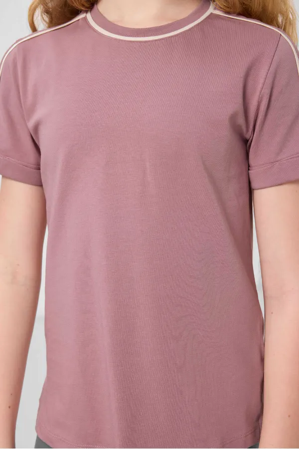 Tommylife Toptan Pamuklu O Yaka Oversize Fit Baskılı Kız Çocuk T Shirt 75177 Gül Kurusu