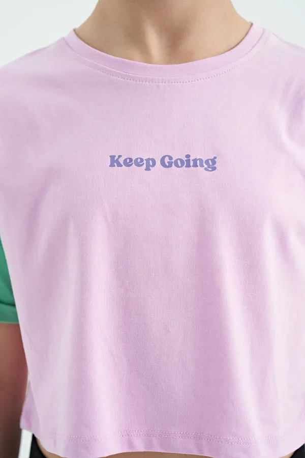 Tommylife Toptan Pembe Yazı Baskılı O Yaka Düşük Omuzlu Oversize Kız Çocuk T-Shirt - 75130