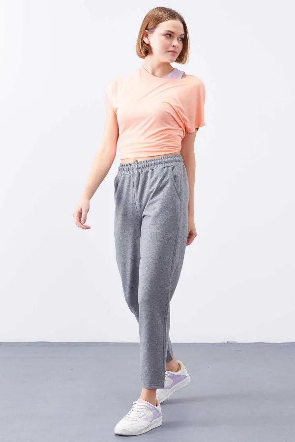 Tommylife Toptan Gri Melanj Yüksek Bel Jogger Rahat Form Dar Paça Kadın Eşofman Alt - 94566