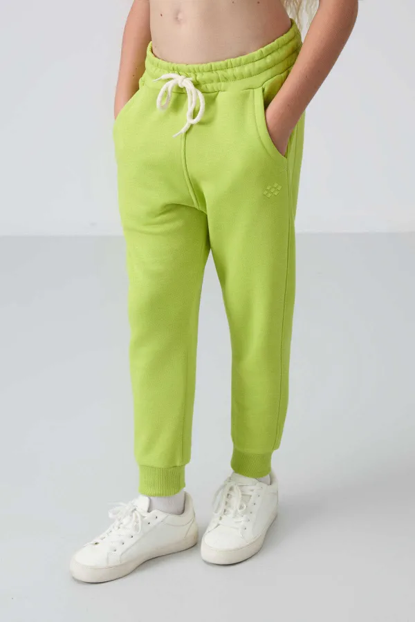 Tommylife Toptan 3-9 Yaş Kapüşonlu Standart Kalıp Kız Çocuk Eşofman Takımı 75148 Lime Yeşil