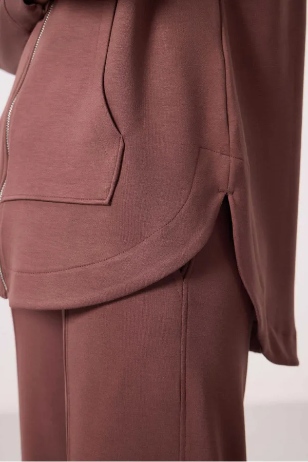 Tommylife Wholesale Soft Texture Hooded Oversize Women's Tunic Sweatshirt - 97302 Brown