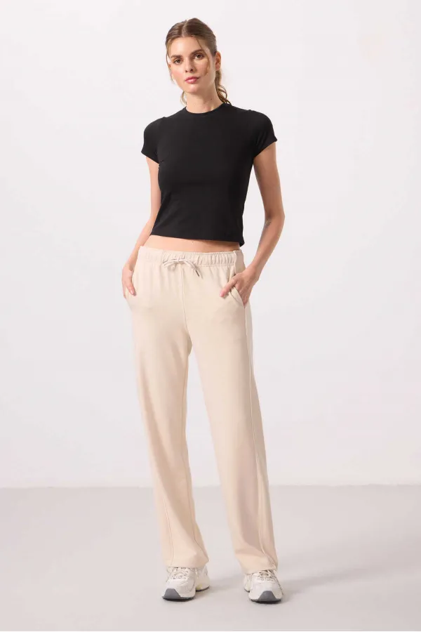 Pantalon palazzo à jambes larges pour femme Tommylife Wholesale, texture douce, avec empiècements latéraux - 94669 Beige