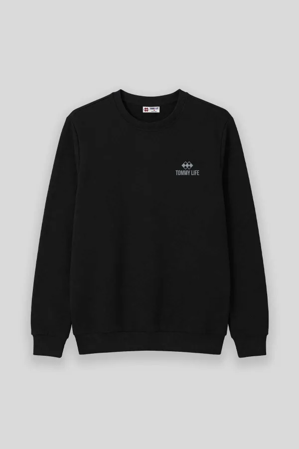 Tommylife Wholesale Black Basic Crew Neck Plus Size Men's Sweatshirt - 88126
