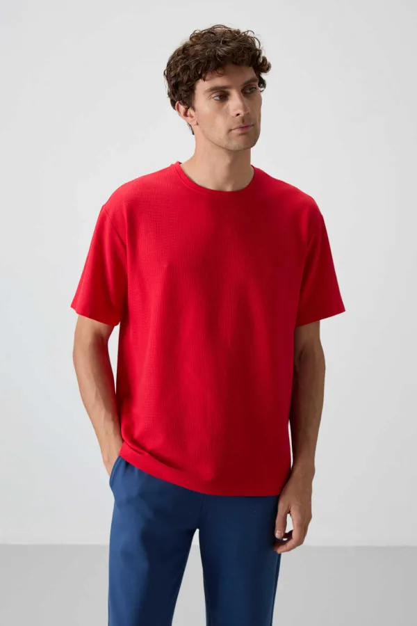Tommylife Toptan O Yaka Oversize Basic Erkek T-Shirt 88379 Kırmızı