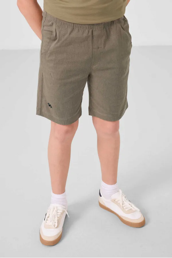 Tommylife Toptan Pamuklu Oversize Fit Dokuma Hafif Esnek Chino Erkek Çocuk Şort Takım 11277 Koyu Bej-Camel