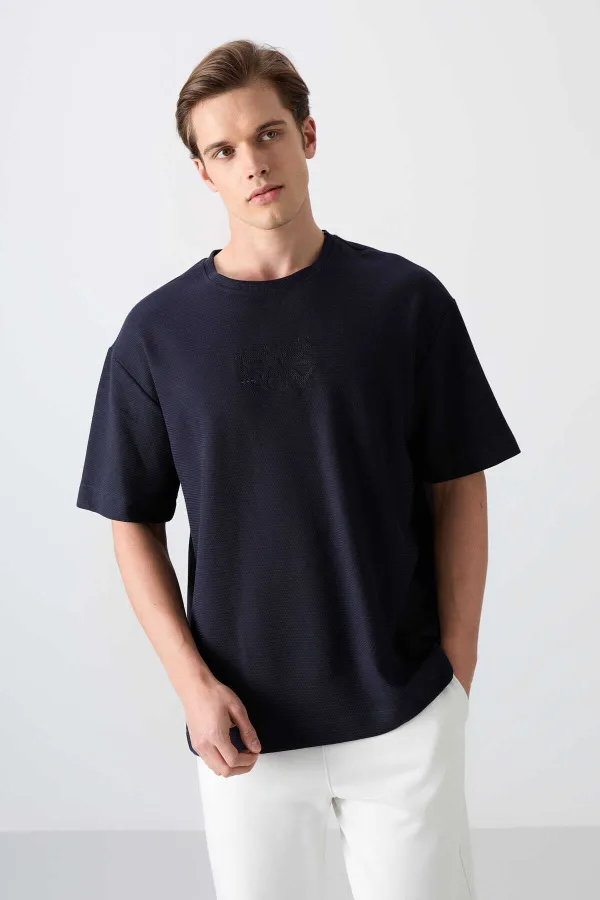 Tommylife Wholesale Crew Neck Oversize Printed Men's T-Shirt 88336 Navy Blue