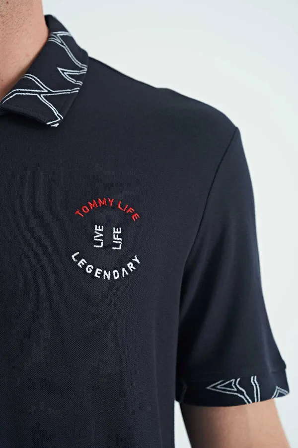 Tommylife Toptan Lacivert Yazı Nakışlı Baskı Detaylı Standart Kalıp Polo Yaka Erkek T-Shirt - 88239
