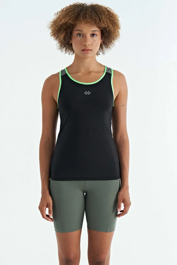 Tommylife Wholesale Black Back Detail Printed Standard Fit Women's Tank Top - 97269