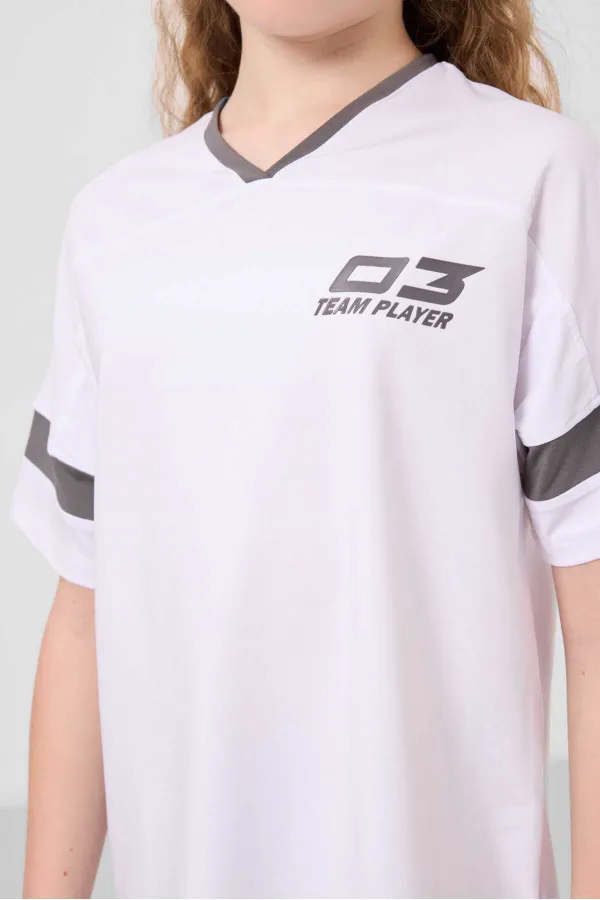 Tommylife Toptan V Yaka Kemer Detaylı Standart Fit Performans Kız Çocuk Tayt Takım 75187 Beyaz Koyu Gri