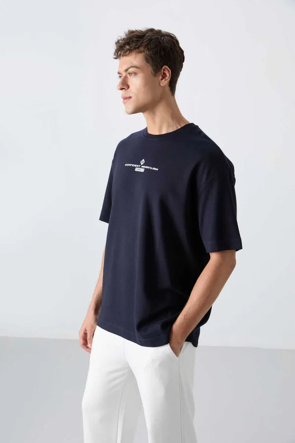 Tommylife Wholesale Crew Neck Oversize Printed Men's T-Shirt 88321 Navy Blue