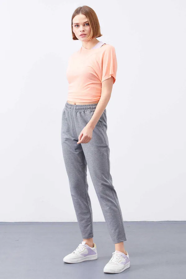 Tommylife Toptan Gri Melanj Yüksek Bel Jogger Rahat Form Dar Paça Kadın Eşofman Alt - 94566