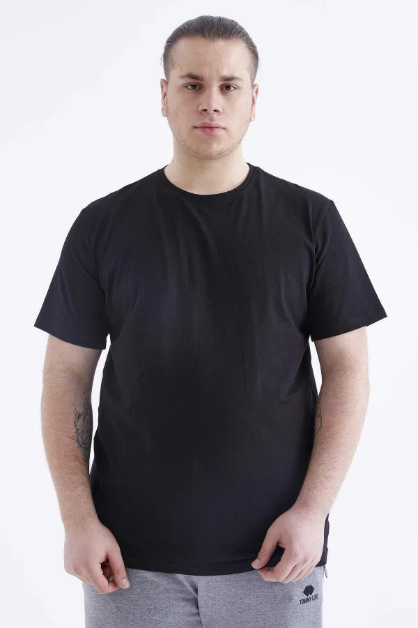 Tommylife Toptan Siyah Basic Kısa Kol O Yaka Büyük Beden Erkek T-Shirt - 88072