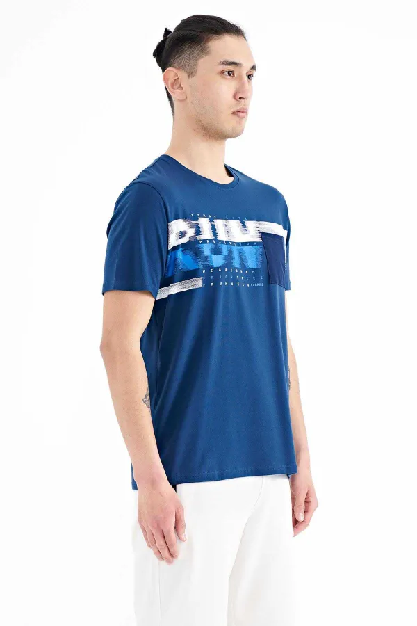 Tommylife Wholesale Indigo Printed Standard Fit Men's T-Shirt with Front Pocket Detail - 88200