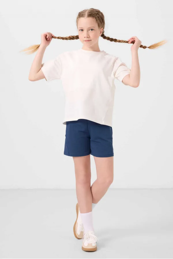 Ensemble short basique pour fille Tommylife en coton doux texturé, coupe standard, référence 75184, couleur écru, Parlement