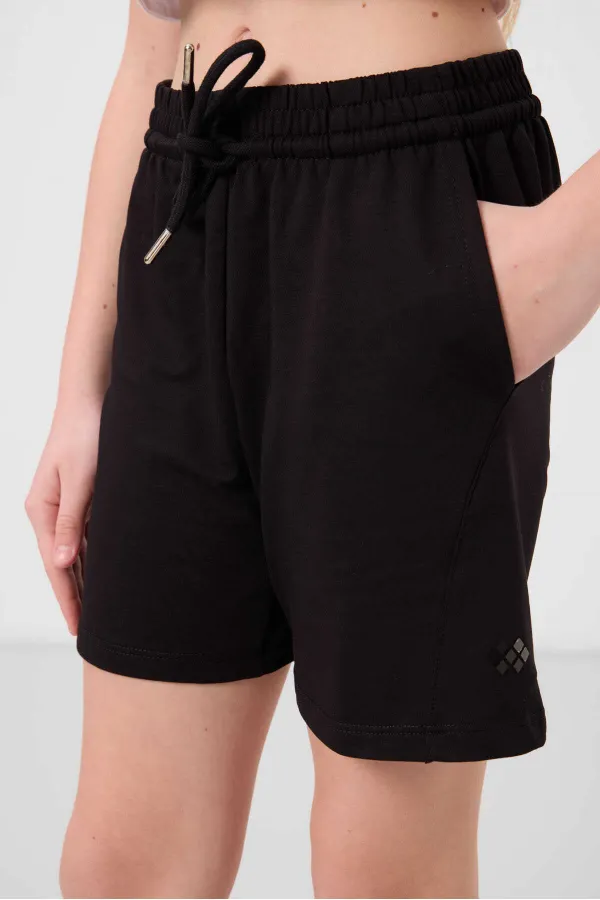 Tommylife Toptan Pamuklu Yumuşak Dokulu Standart Fit Basic Kız Çocuk Şort Takım 75184 Siyah