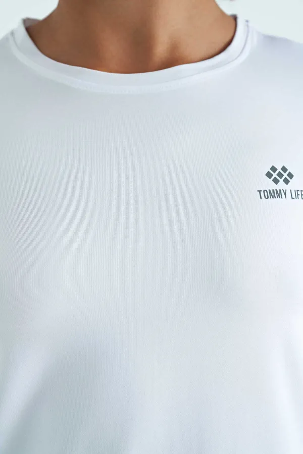 T-shirt femme Tommylife Wholesale blanc à fente au dos, col rond, manches courtes, coupe standard - 97267