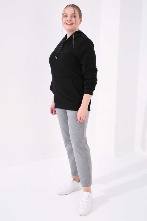 Tommylife Toptan Gri Melanj Klasik Paça Taş Detaylı Kadın Büyük Beden Eşofman Alt - 94040