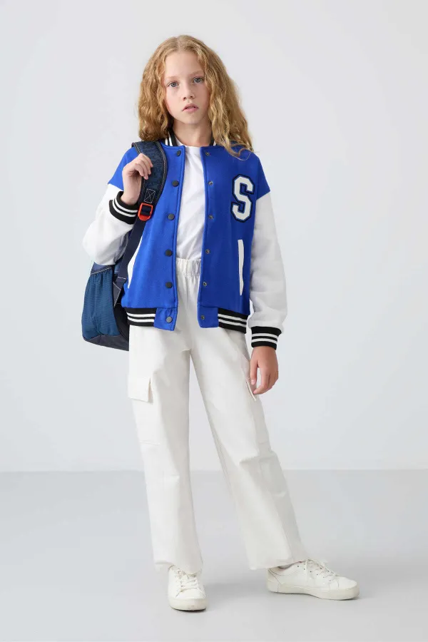 Tommylife Toptan 7-15 Yaş Kolej Yaka Standart Kalıp Kız Çocuk Ceket 75163 Gece Mavi