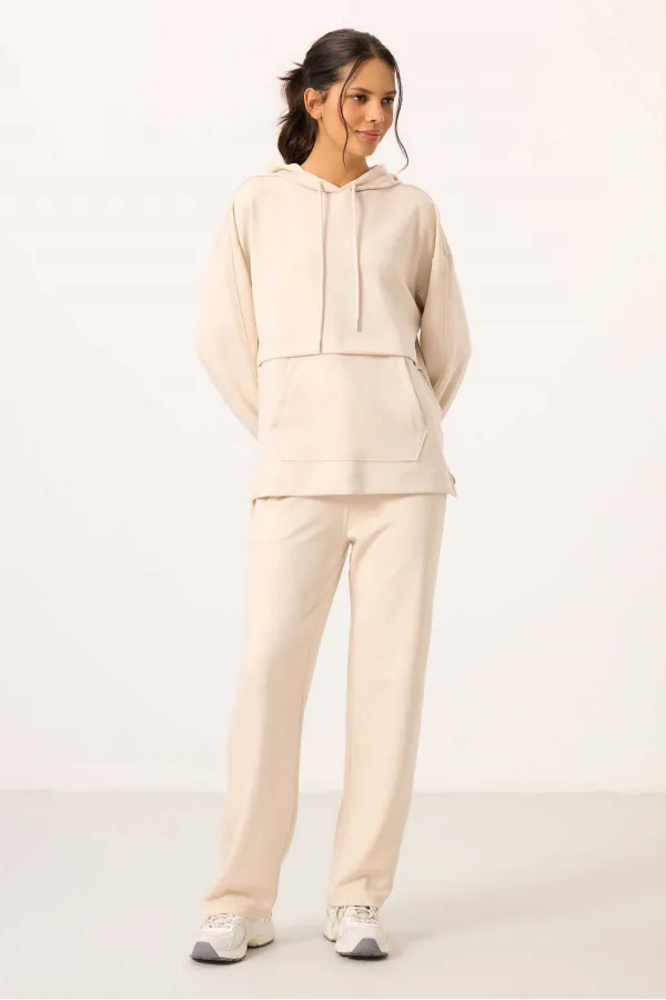 Ensemble tunique de survêtement oversize à capuche et texture douce Tommylife pour femme - 95348 Beige