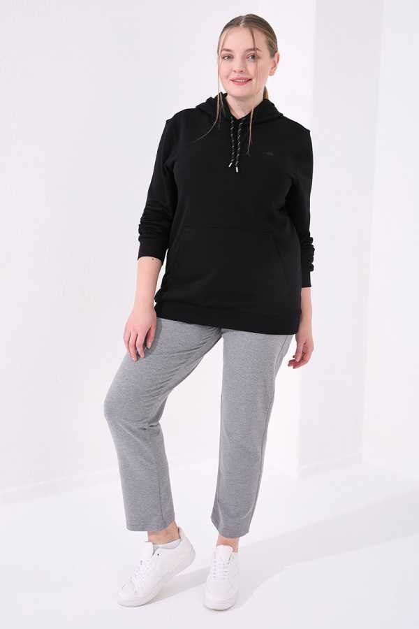 Tommylife Toptan Gri Melanj Klasik Paça Taş Detaylı Kadın Büyük Beden Eşofman Alt - 94040