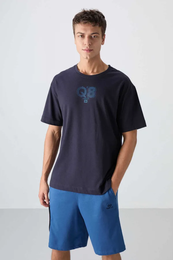 Tommylife Wholesale Crew Neck Oversize Printed Men's T-Shirt 88333 Navy Blue