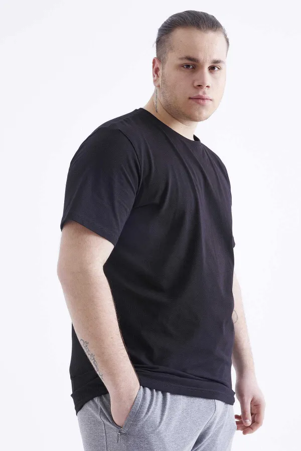 Tommylife Toptan Siyah Basic Kısa Kol O Yaka Büyük Beden Erkek T-Shirt - 88072