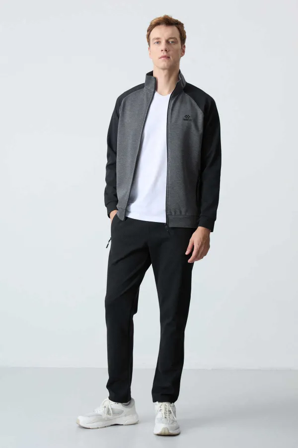 Tommylife Toptan Rahat Kalıp Dik Yaka Klasik Paça Erkek Eşofman Takımı 85113 Antrasit - Siyah