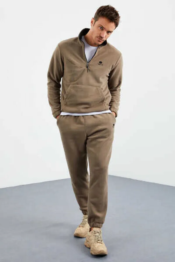 Tommylife Wholesale Standard Fit Half-Zip Fleece Men's Tracksuit Set 85159 Camel