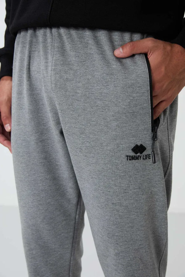Tommylife Toptan Gri Melanj Fermuar Cepli Standart Kalıp Jogger Erkek Eşofman Alt - 84651