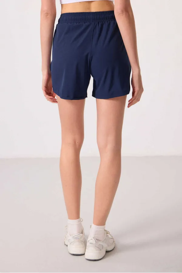 Tommylife Toptan Polyester Gizli Cep Fermuarlı Rahat Form Kadın Şort - 91014 İndigo