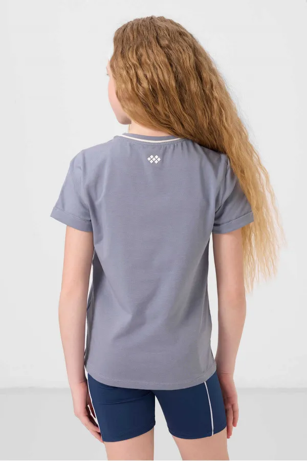 Tommylife Toptan Pamuklu O Yaka Oversize Fit Baskılı Kız Çocuk T Shirt 75177 Koyu Mavi