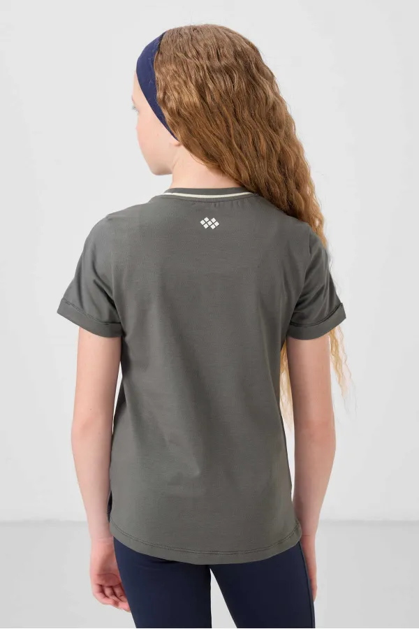 Tommylife Toptan Pamuklu O Yaka Oversize Fit Baskılı Kız Çocuk T Shirt 75177 Haki