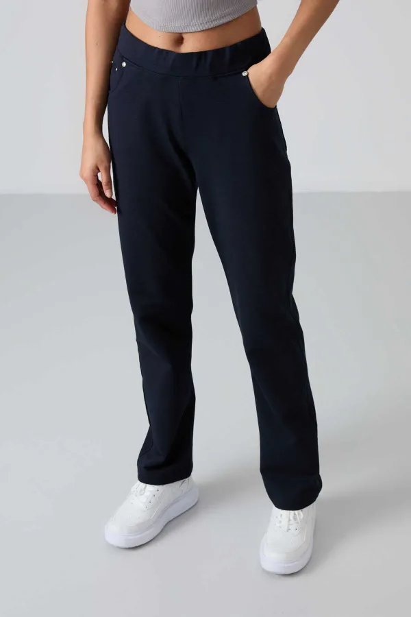 Tommylife Toptan Lacivert Taş Detaylı Cepli Rahat Form Klasik Paça Kadın Eşofman Altı - 94007