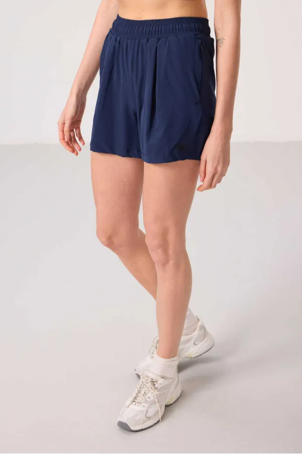 Tommylife Toptan Polyester Gizli Cep Fermuarlı Rahat Form Kadın Şort - 91014 İndigo