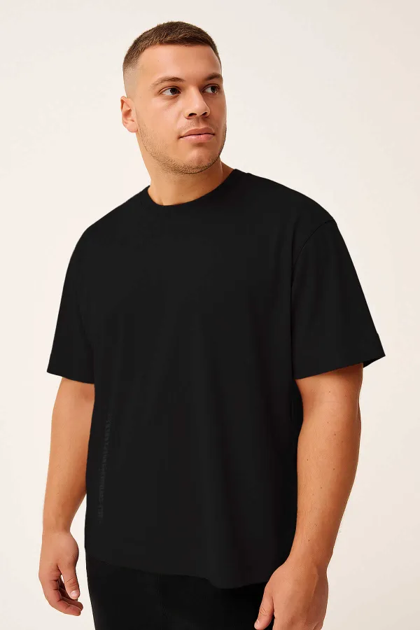 Tommylife Toptan Siyah Baskılı O Yaka Rahat Form Battal Büyük Beden Erkek T-Shirt - 88472