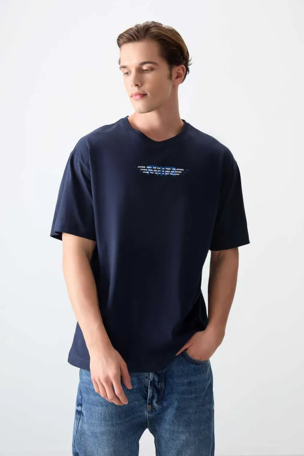 Tommylife Toptan O Yaka Oversize Baskılı Erkek T-Shirt 88356 Lacivert
