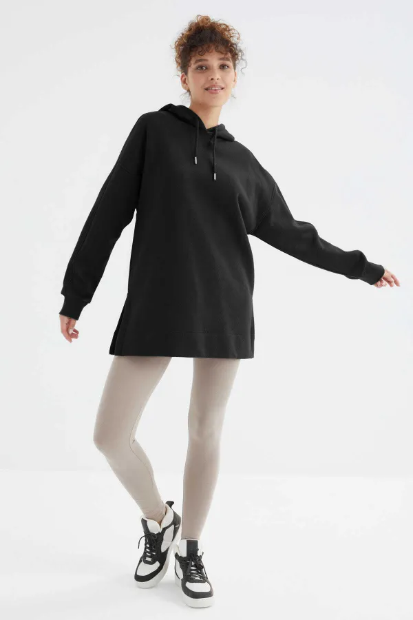 Tommylife Wholesale Black Raglan Sleeve Basic Hooded Oversize Tunic - 97242