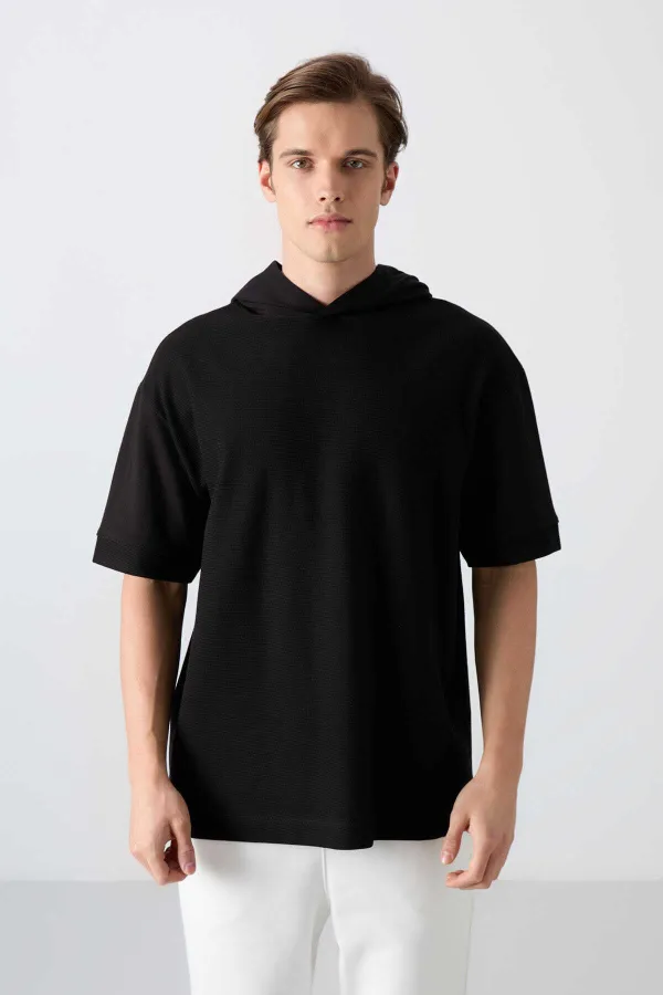 Tommylife Toptan Kapüşonlu Oversize Basic Erkek T-Shirt 88335 Siyah