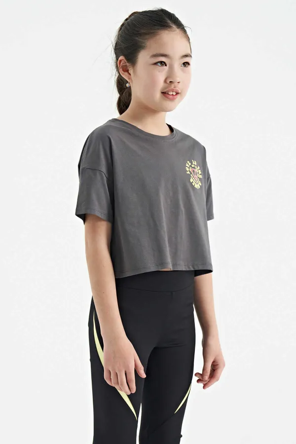 Tommylife Toptan Koyu Gri Ön Arka Baskılı O Yaka Düşük Omuz Oversize Kısa Kollu Kız Çocuk T-Shirt - 75126