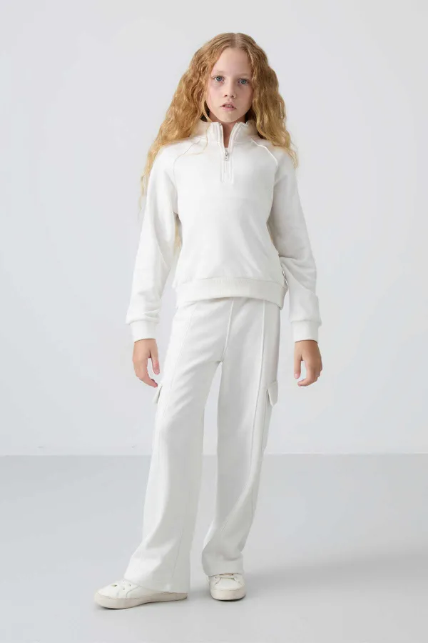 Tommylife Toptan 7-15 Yaş Dik Yaka Standart Kalıp Kız Çocuk Eşofman Takımı 75159 Ekru