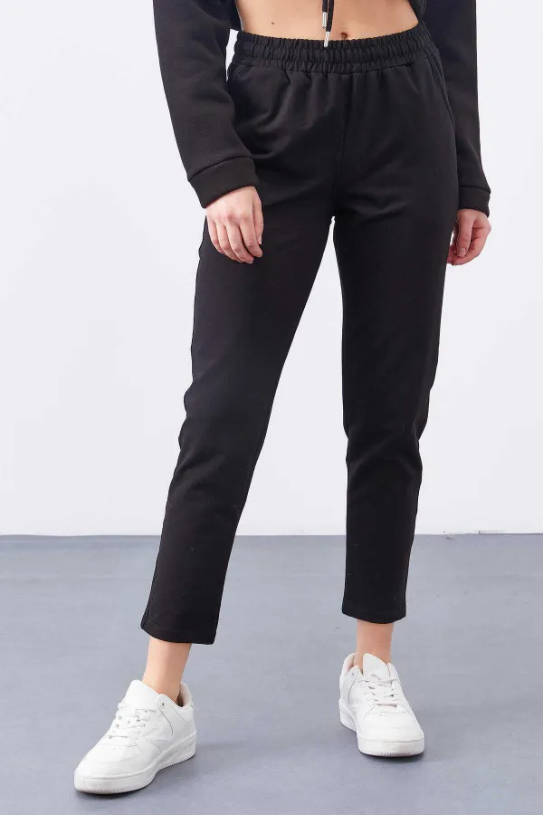 Tommylife Toptan Siyah Yüksek Bel Jogger Rahat Form Dar Paça Kadın Eşofman Alt - 94566