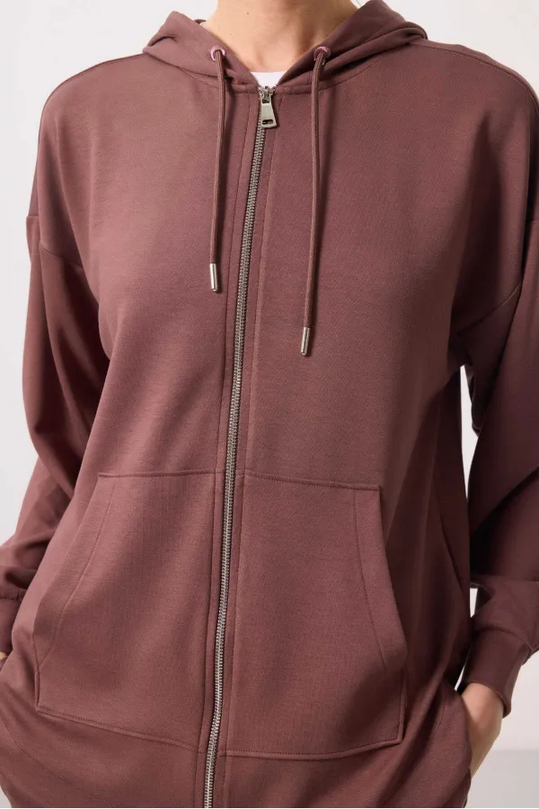 Tommylife Wholesale Soft Texture Hooded Oversize Women's Tunic Sweatshirt - 97302 Brown