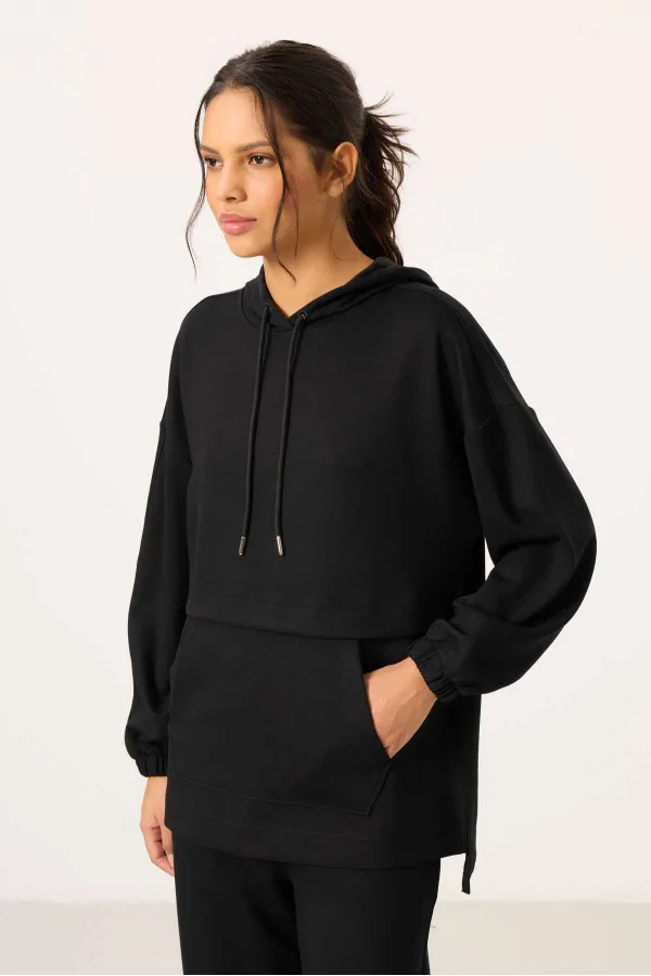 Ensemble tunique de survêtement à capuche oversize pour femme Tommylife, texture douce, vente en gros - 95348 Noir
